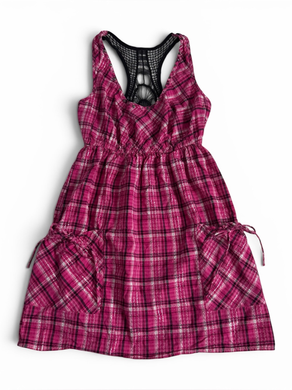Decree Grungey Studded Pink & Black Plaid Dress with Crochet Racerback Design
